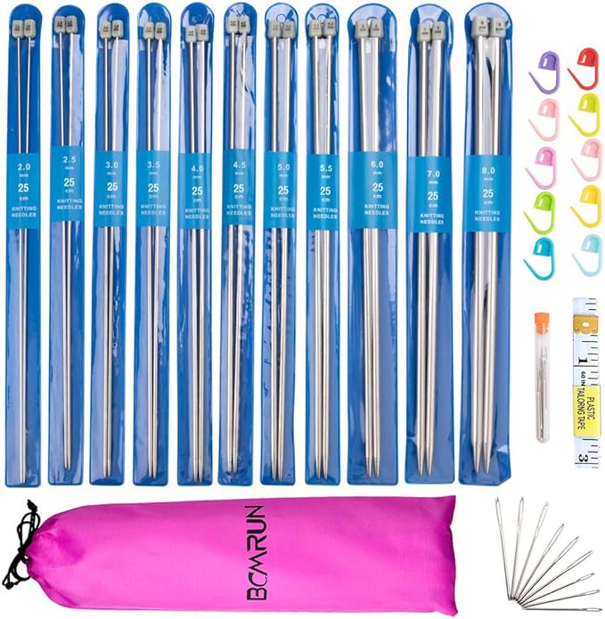 Knitting Needle Set, BCMRUN 22PCS 2mm(B)-8mm(L) Straight Single Pointed Stainless Steel Sweater Needles Set(11Pair-11 Size,9.8 inch) with Locking Stitch Makers Large-Eye Needles Measure Tape (25CM)