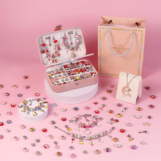 YJK Charm Bracelet Making Kit, 5-12 Year Old Girl Birthday Gifts, 133 Pcs DIY Beaded Jewelry Making Kit with Jewelry Box, Creative Crafts for Girls, Charm Necklace Making kit for Girls (Red & Pink)