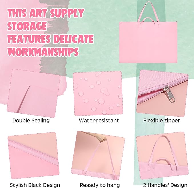 Abbylike 48 x 36 Inch Art Portfolio Bag Large Size Art Supply Bag with Nylon Shoulder Waterproof Poster Board Painting Drawing Sketch Storage Carrying Case for Christmas Artwork Gift(Pink,1 Pcs)