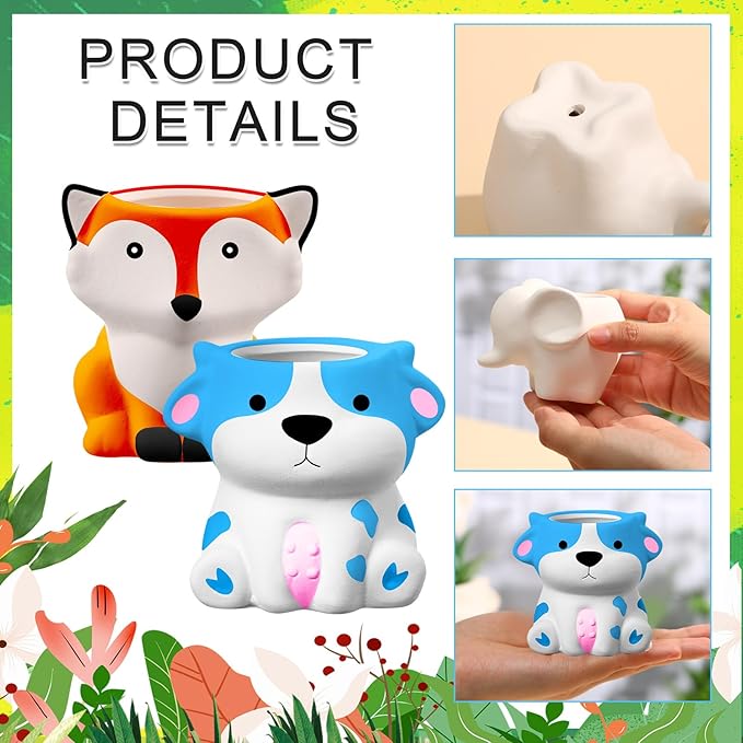 Hushee 12 Sets DIY Ceramic Succulent Pots Ready to Paint Animal Planters Unpainted Plant Flower Pots Bulk with Drainage Hole and Bisque Paint for Kids Adults Craft Christmas