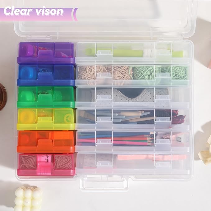 Plastic Storage Boxes & Organizers - Arts & Crafts Storage Boxes with Lids - 6 Medium Clear + 6 Small Color - Modern Style - 15.3"L x 12.5"W x 5.1"H - 18 Count