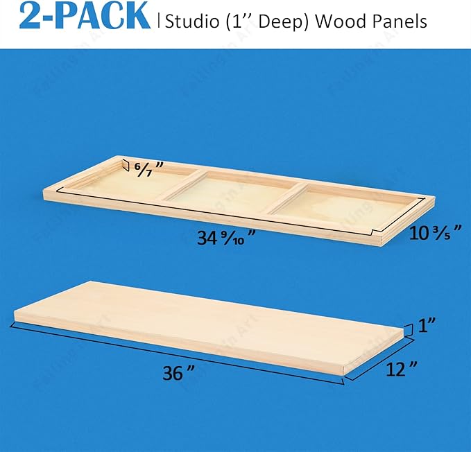 Falling in Art Unfinished Birch Wood Panels Kit for Painting, Wooden Canvas 2 Pack of 12x36’’ Studio 1’’ Deep, Cradle Boards for Pouring, Art, Crafts, Burning and More