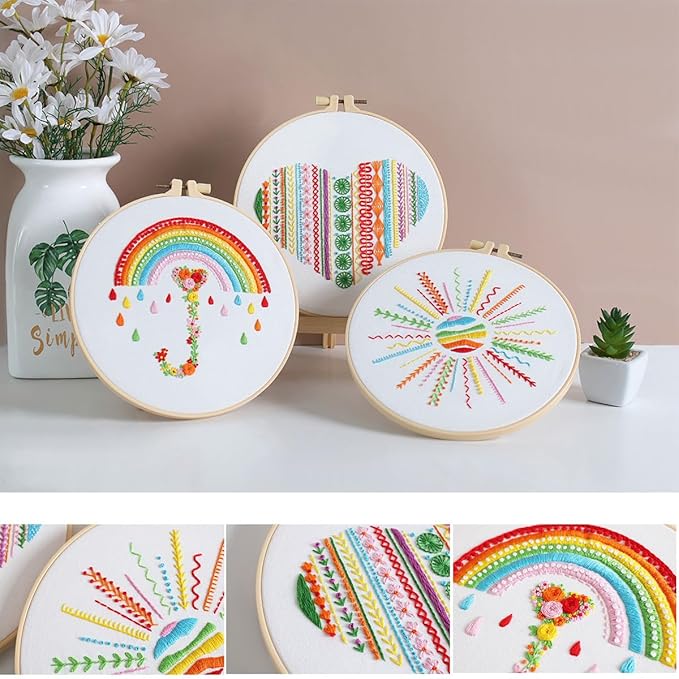 Konrisa Easy Embroidery Kit for Beginners Stamped Embroidery Starter Kit DIY Sewing Needlepoint Cross Stitch for Adults, Stitch Practice Kit 3 Embroidery Fabric Pattern