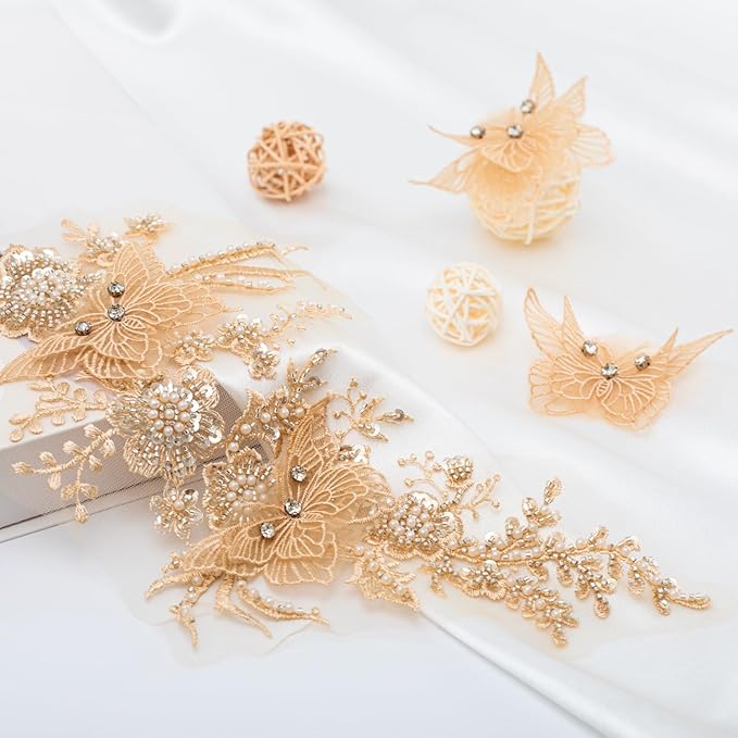 Flower Pearl Fabric Rhinestones Beaded Lace Applique,3D Butterfly Embroidered Lace Patch for Clothes,Dress (Light Coffee)