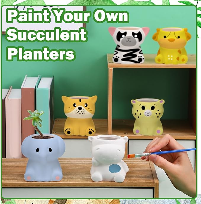 6 Sets Paint Your Own Ceramic Animal Succulent Planters Paintable Animal Ceramic Small DIY Figurines Unpainted Succulent Pots with Drainage Hole for Adults