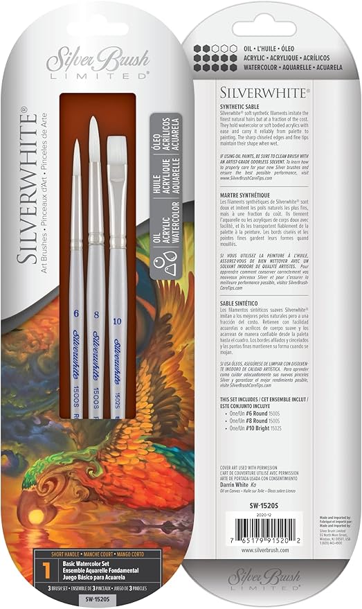 Silver Brush Limited SW-1520S Silverwhite Basic Watercolor Set for Watercolor Painting, Set of 3, #10 Bright, #6 & #8 Round Brushes, Short Handle