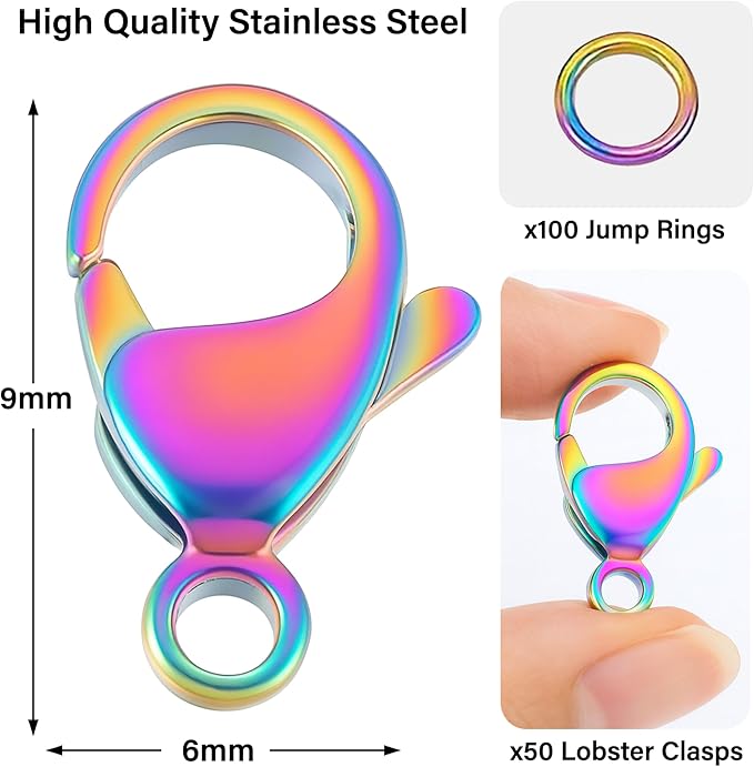 Mandala Crafts 9mm Rainbow Stainless Steel Lobster Clasps for Jewelry Making - 50 PCs SS Lobster Claw Clasps with Jump Rings Jewelry Findings Kit for Necklaces Bracelets Charms Fasteners