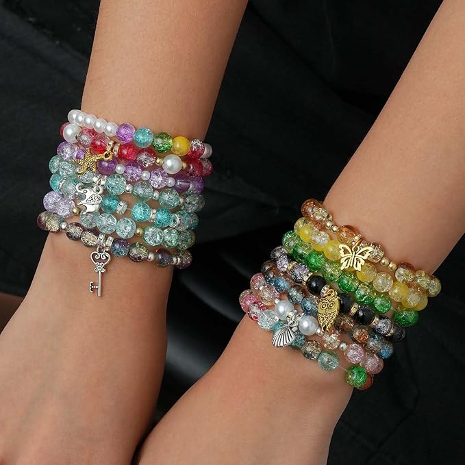 Glass Beads Bracelet Making Kit, 20 Colors 8mm Crackle Glass Beads for Jewelry Making, Crystal Glass Round Beads Friendship Bracelet kit for DIY Crafts Gifts