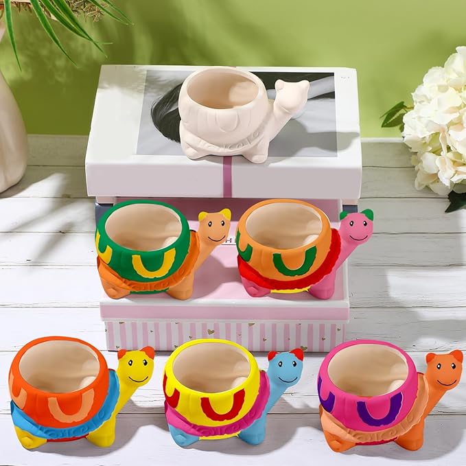 Pasimy 6 Set DIY Ceramic Succulent Planter Pots Paint Your Own Flower Pots Craft Kit Unpainted Bisque Paintable Flowerpot with Brush Palette Ready to Paint for Family Activity Gift(Turtle)