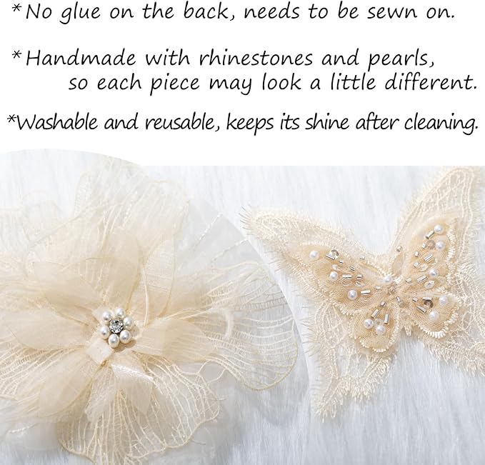 6 Pieces 3D Flower Lace Embroidery Butterflies Appliques Pearl Patches for Repairing and Decorating, Sewing Craft Clothing Jeans Jackets Bags (Beige)