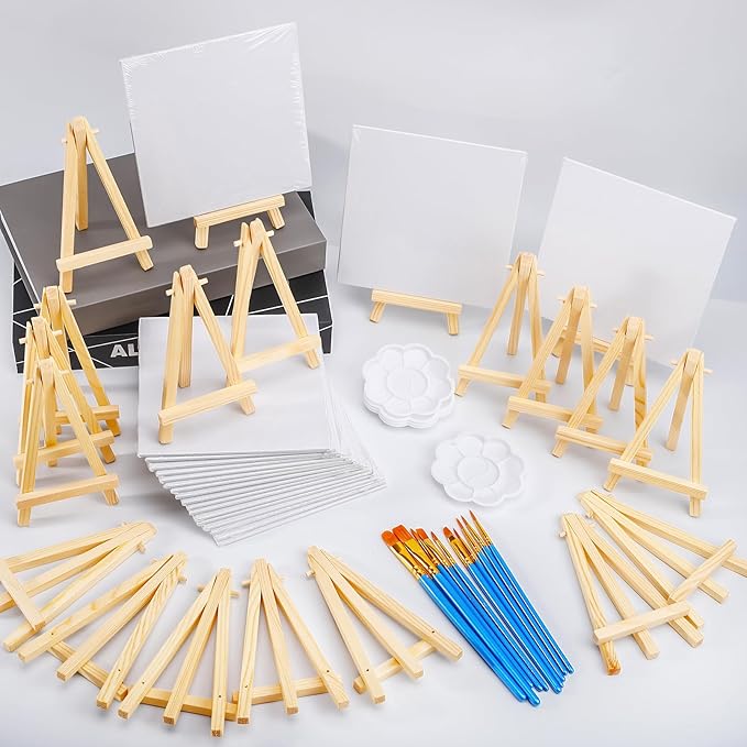 20 Pack Mini Canvas and Easel Set, 5.9 X 5.9 inch Small Painting Canvas Panel with Mini Easel, Mini Canvases with 10 Brushes & 5 Paint Tray,Art Canvases Painting Kit for Birthday Party Favors
