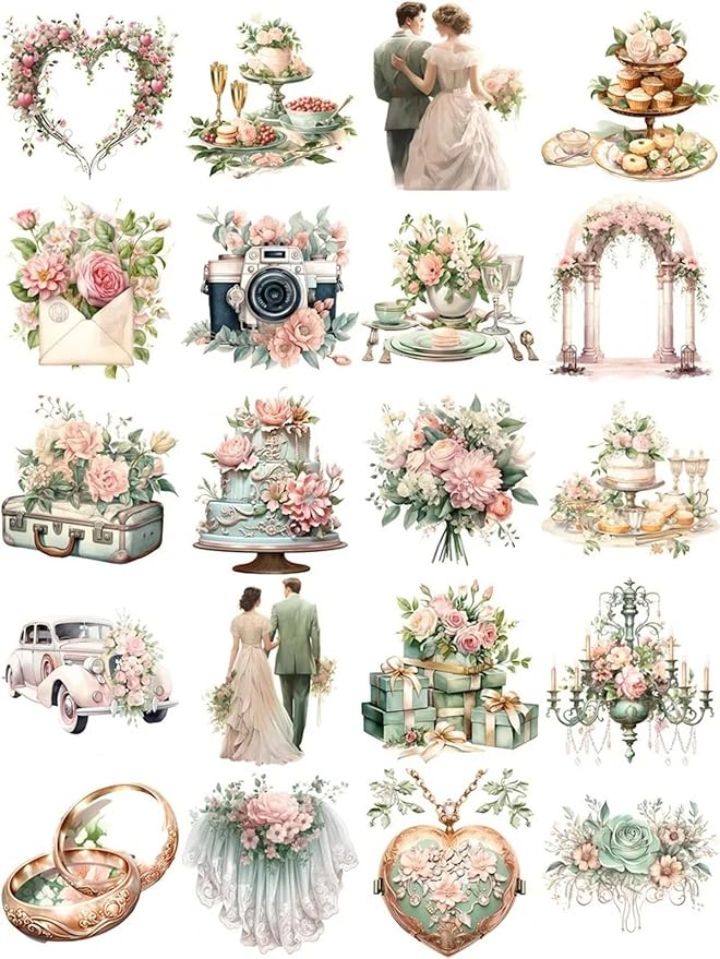 TIAMECH Wedding Lover Paper Stickers - 72 Pcs Bride Couple Rings Party Cake Design, Waterproof Sticker for Journaling & Scrapbooking, Junk Journal Supplies, Ephemera & DIY Crafts