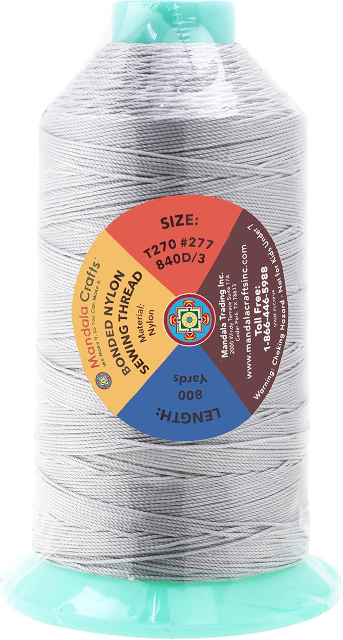 Mandala Crafts Bonded Nylon Thread Silver Heavy Duty Sewing Threads - 800 YDs Size 277 840D T270 Tex 270 Thread for Leather Jeans Weaving Outdoor Marine Upholstery Threads