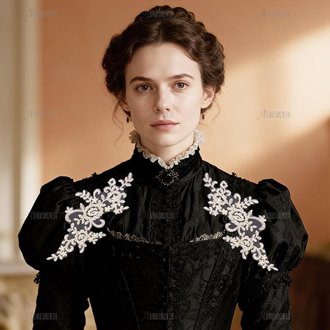 AUEAR, 2 Pack Flower Lace Applique Patches for Wedding Dress DIY Clothing Collar Material (Ivory Color)