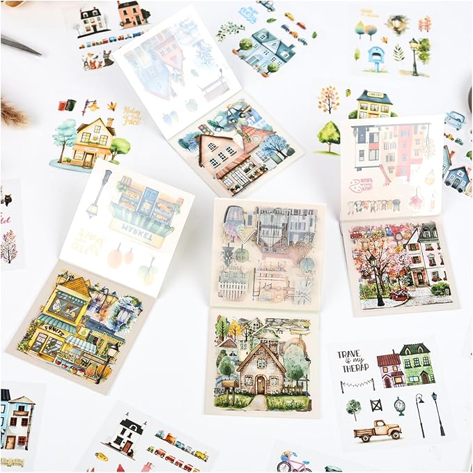 40 Sheets Small Scrapbook Sticker Books for Scrapbooking, Nordic Town Them Watercolor Scenery Stickers for Journaling, Junk Journal Supplies, Bujo, Crafts Arts