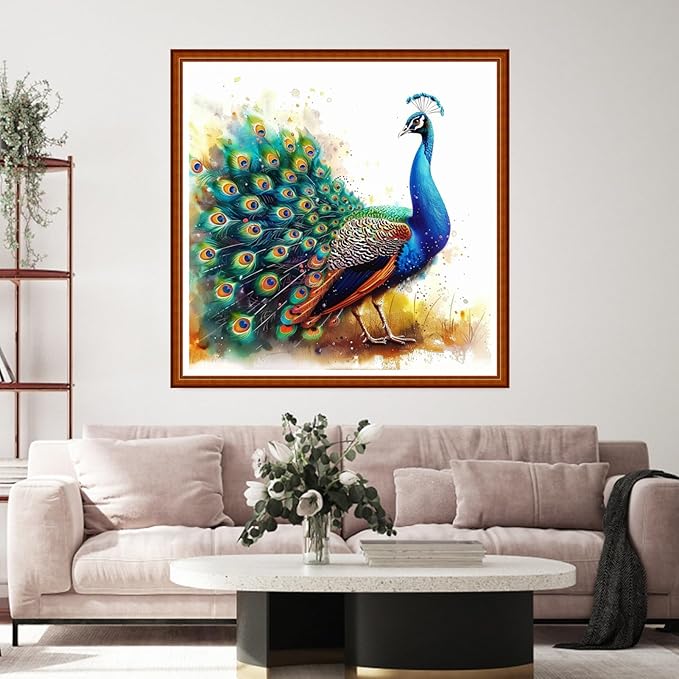 Funart Stamped Cross Stitch Kits for Beginners Full Range of Cross Stitching Preprinted Embroidery Kits for Adults, 11CT Embroidery Pattern Needlepoint Kits-Blue Peacock 18x18 inch