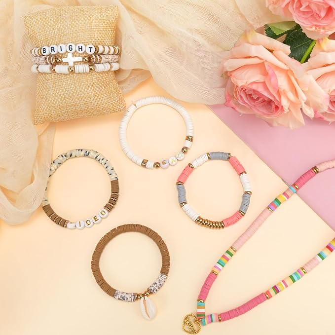 Sunlode Clay Beads Bracelet Making Kit, 3 Boxes 15,000PCS Boho Color with Letter Beads, Charms and Elastic Strings, DIY Jewelry Set for Friendship Bracelets Crafts Gift