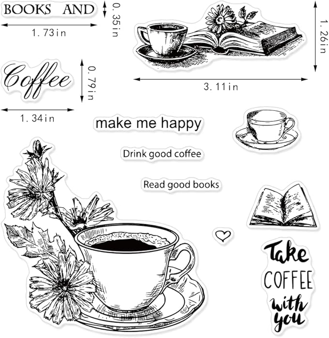 Flower Clear Stamps with Sentiment Words for Card Making and Photo Album Decorations, Coffee Heart Book Clear Rubber Stamps for Card Making Decoration and DIY Scrapbooking