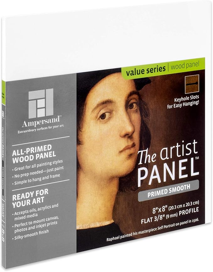 Ampersand Art Supply Wood Gesso Artist Painting Panel: Primed Smooth, 8" x 8", 3/8" Flat Profile