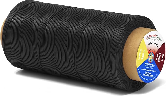 Mandala Crafts Black Flat Waxed Thread for Leather Sewing - 273 Yds 150D 0.8mm Polyester Leather Thread String Waxed Cord for Leatherwork, Beading, Bookbinding, Hand Stitching