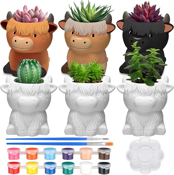 Beeveer 6 Pcs Ready to Paint Your Own Highland Cow Succulent Ceramic Pots Unpainted Ceramics Cartoon Cow Shaped Flower Pots DIY Kit Planter Container with Drainage Hole for Home and Office Decoration