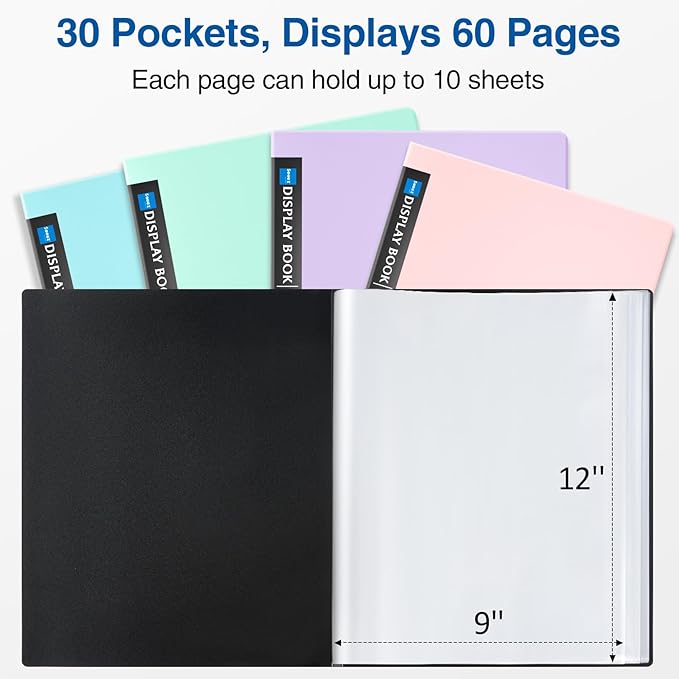 Sooez Art Portfolio 9x12, 30 Pockets with 30 Black Paper, Binder with Plastic Sleeves, Display 60 Pages, Presentation Book for Artwork, Folders Binder for Office School