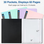 Sooez Art Portfolio 9x12, 30 Pockets with 30 Black Paper, Binder with Plastic Sleeves, Display 60 Pages, Presentation Book for Artwork, Folders Binder for Office School
