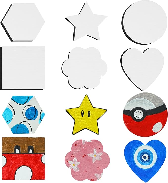 AUREUO Magnetic Mini Canvas Boards for Painting - 3 Inch 12 Pack Square, Hexagon, Circle, Star, Heart & Flower Shape Craft Art Gift, Tiny Painting Canvas Panel for Acrylic Paint & Markers