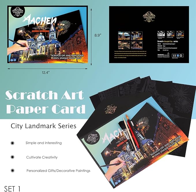 Scratch Art Paper for Adults Foil Art- Colorful City Series, Scratch Painting for Adults/Teens, Scratch and Sketch Craft Gift | Foil Engraving Scratch Art Adult (Set 1)