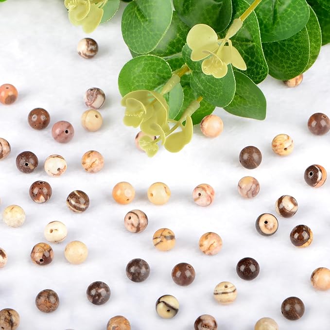 Natural Stone Genuine Stones DIY Round Beads 8mm 100pcs Beading Loose Gemstone Hole Size 1mm Charm Smooth Beads for Bracelets Necklaces Earrings (Brown Zebra Jasper 8mm)