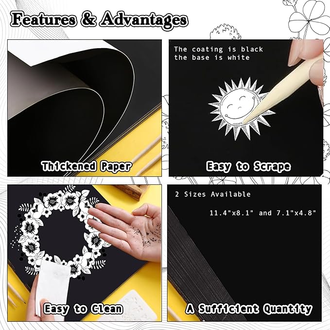 60 Sheets Scratch Paper Art Set, Black Coated Scratchboard Craft Kits, Laser Scratch Paper, Scratch Art Paper for Adult (7.1"x4.8")