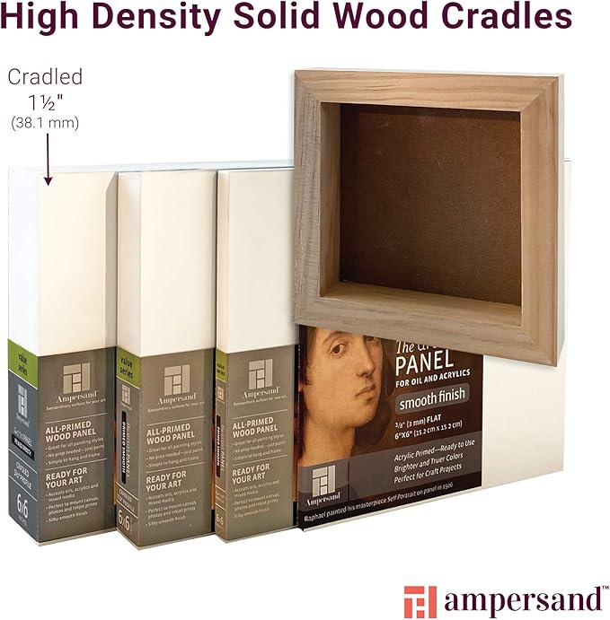 Ampersand Art Supply Wood Gesso Artist Painting Panel: Primed Smooth, 8" x 8", 1-1/2" Cradled Profile