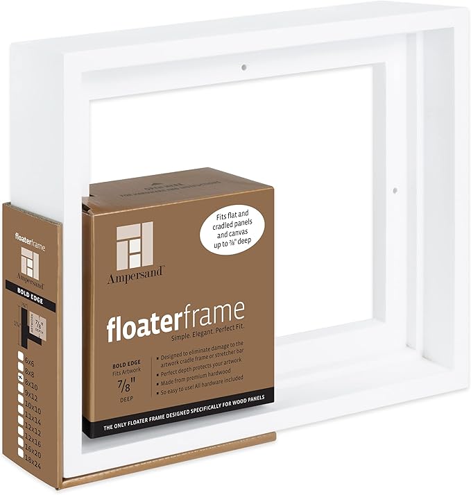 Ampersand Art Supply Floaterframe Readymade Frame for Flat and 7/8" Deep Wood Panel and Canvas Artwork, Paintings, Prints, and More, 8"x10", White Bold