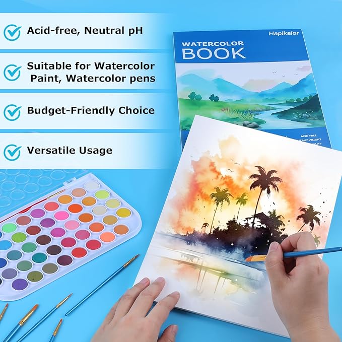 Hapikalor 9"x12" Watercolor Paper Pad, 2-Pack, 140lb/300gsm Artist Painting Drawing Paper Book, Art Supplies for Adults Kids, Watercolors, Watercolor Paint Set, Sketchbook, Journal, Blue