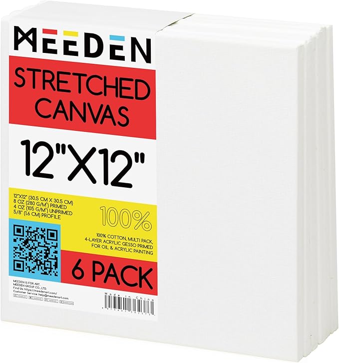 MEEDEN Stretched Canvas, 12 × 12 Inch, Pack of 6, Blank White Canvases for Painting, 100% Cotton, 12 oz Gesso-Primed, Pre-Stretched Canvas for Acrylic Oil Pouring & Airbrushing Painting