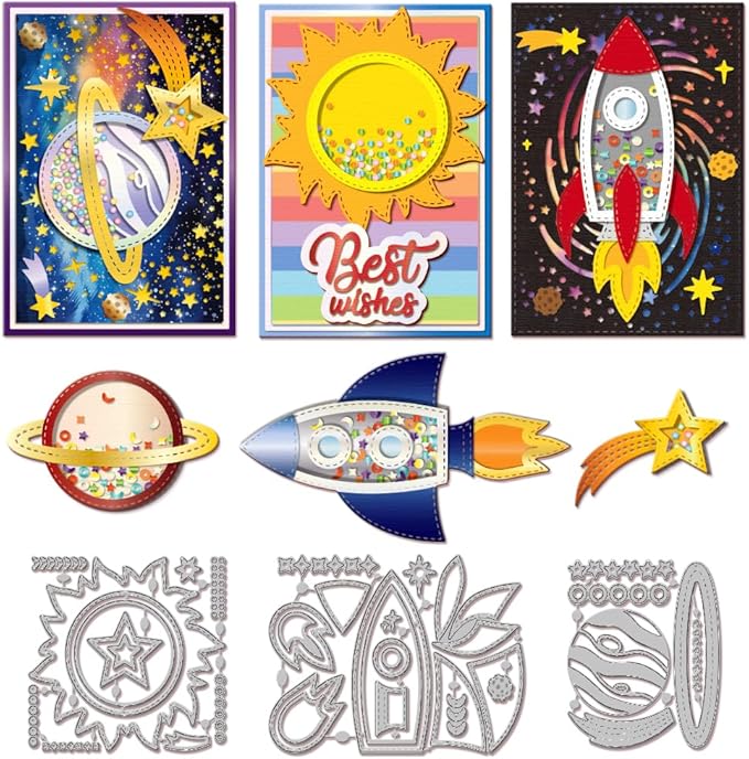 GLOBLELAND Rocket and Stars Shaker Cutting Dies for Card Making Sun and Planet Shaker Cut Die for DIY Scrapbooking Journal Embossing Paper Craft Decor