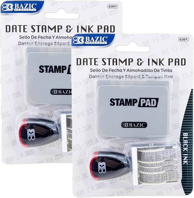 BAZIC Date Stamp and Ink Pad (Black Ink), 12 Years of Dates, Nickel-Plated Steel, Stamp Impression Size 1" x 0.15", Great for Office, Shipping, Receiving, Accounting, Expiration, Due Dates, 2-Pack