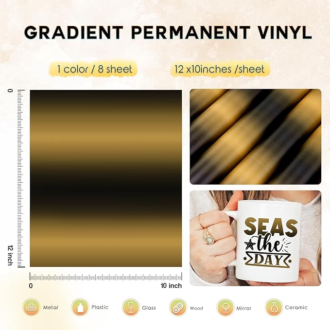 Tintnut Black Yellow Permanent Vinyl - 8 Sheets 12"x10"Gradient Adhesive Self Sticker, Ombre Glossy Self Sticker Water Proofing Vinyl Compatible with Cricut Or Silhouette