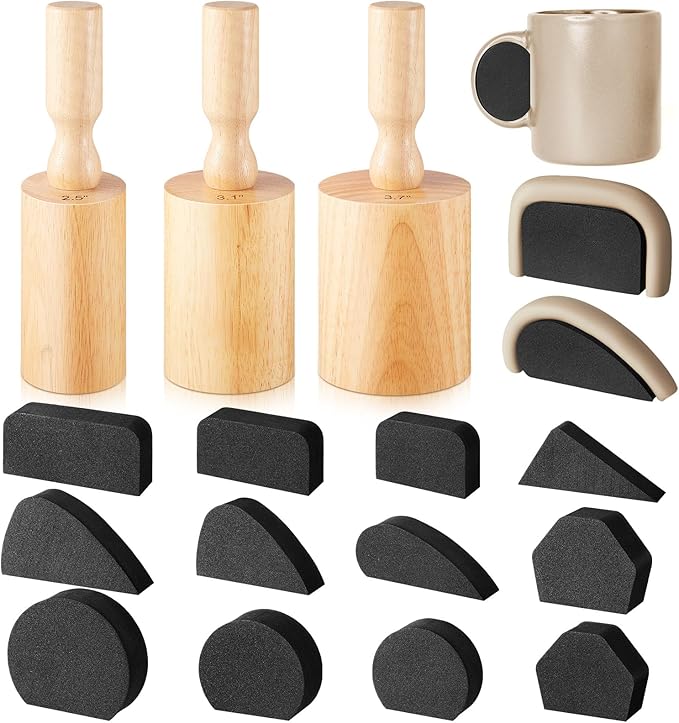 Juexica 3 Pcs Cup Pottery Molds 2.5'', 3.1'', 3.7'' Plaster Molds with 12 Pcs Mug Handle Forms Pottery Shaping Tool Wood Slump Press Mold 3 Sizes Clay Molds for DIY Pottery Cup Mug Art Making