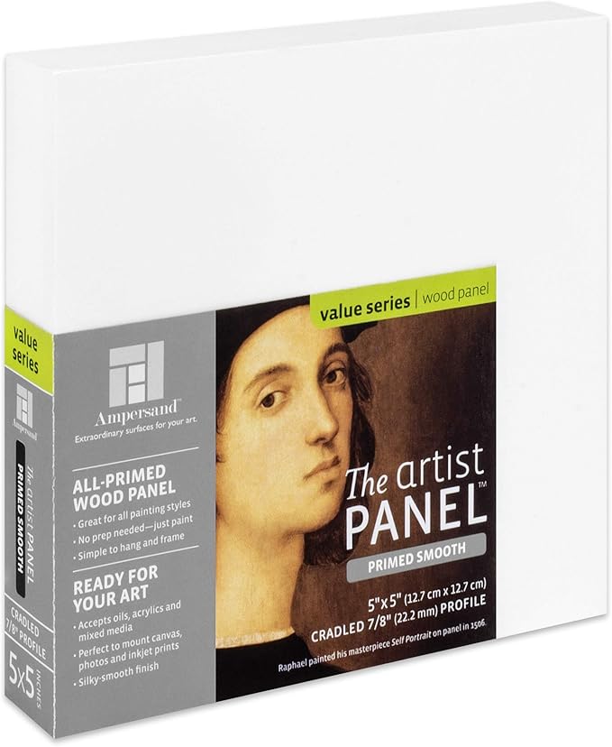 Ampersand Art Supply Wood Gesso Artist Painting Panel: Primed Smooth, 5" x 5", 7/8" Cradled Profile