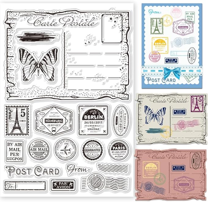 GLOBLELAND Vintage Decor Letters Postcards Clear Stamps for DIY Scrapbooking Retro Stamp Elements Silicone Stamp Seals Transparent Stamp for Cards Making Photo Album Journal Decoration 8.27×5.83inch
