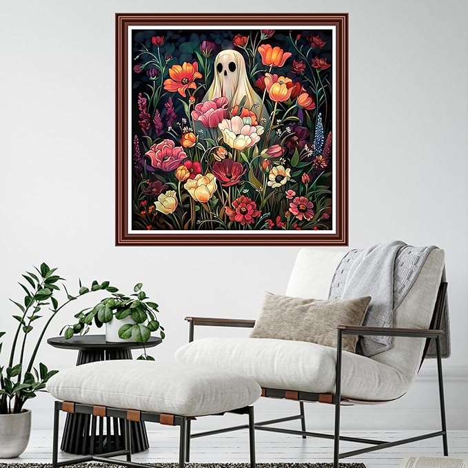 Dimensean Counted Cross Stitch Kit for Beginners, 11CT Unprinted Cross-Stitch Kit Easy Patterns Needlepoint Kit Cross Stitching Embroidery Kit Supplies-Ghost Flowers 18x18 inch