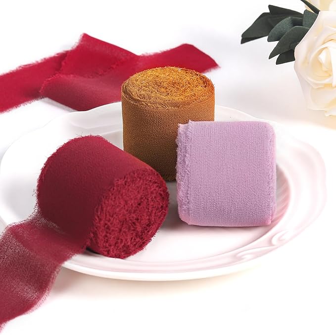 3 Rolls Dark Red Handmade Fringe Chiffon Ribbon 1.5 Inch x 7 Yard Silk-Like Colorful Rustic Ribbon for Bouquets Wrapping Decor Wedding Tie Invitations Crafts