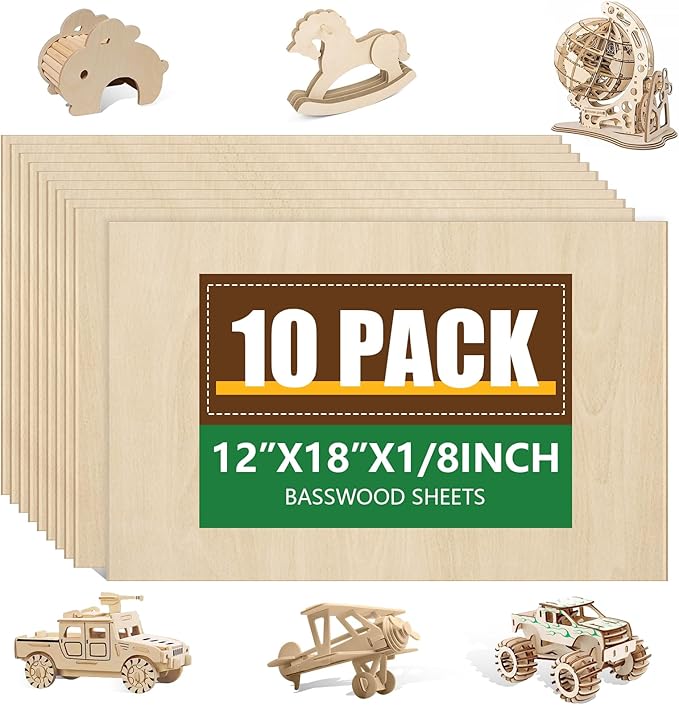 10 Pack Basswood Sheets12x18x1/8 Inch, Unfinished Wood for Crafts, 3mm Basswood for Laser Cutting & Engraving, Wood Burining,Architectural Models, Wood Board for Painting.