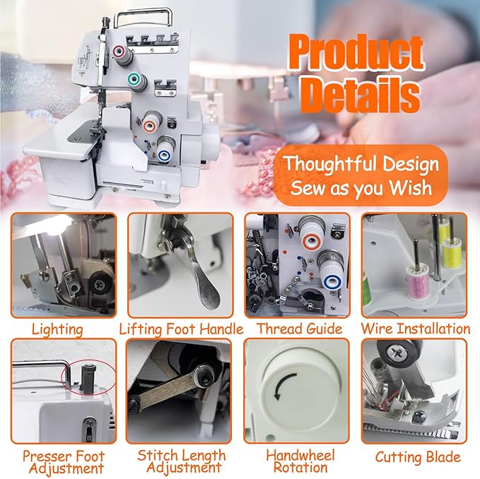 Serger Sewing Machine, Desktop Overlock Sewing Machine with LED Light and Accessories Kit, for Lapel Padding Hemming Sewing