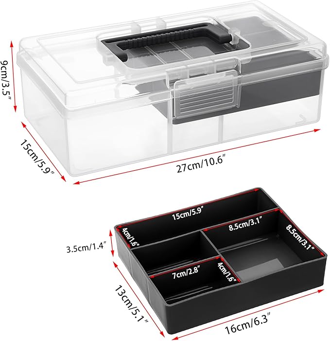 JUXYES Plastic Carry Storage Box with Removable Dividers, Clear Art Craft Supply Storage Bin Sewing Box With Handle Lid, 2 Layers Stationery Storage Case for School/Office Supplies