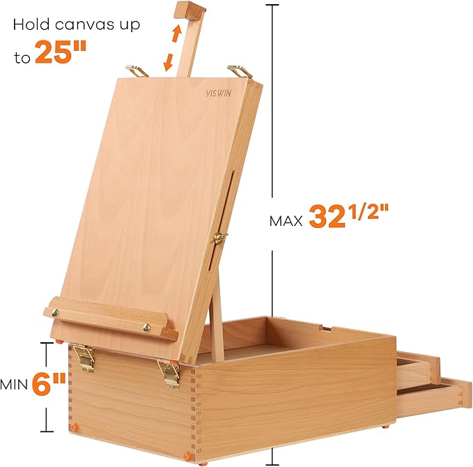 VISWIN Large Tabletop Easel Box with 3 Storage Drawers, Adjustable Portable Beech Wood Desktop Easel for Painting, Drawing, Plein-Air Art Sketchbox for Adults, Artists, Beginners, Hold Canvas to 25"
