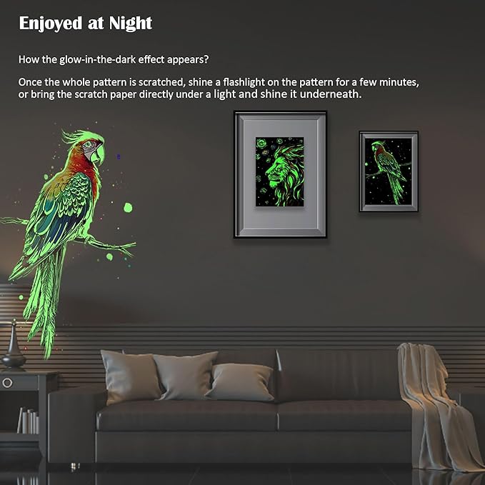 Scratchboard Art for Adult Luminous Scratch Painting Kits, A5 Scratch Art Rainbow Painting Paper 8 Sheet with 4 Tools, Scratchboard for Teens & Adults, Fun Creative Craft Toy/Gifts/Decor, Animals