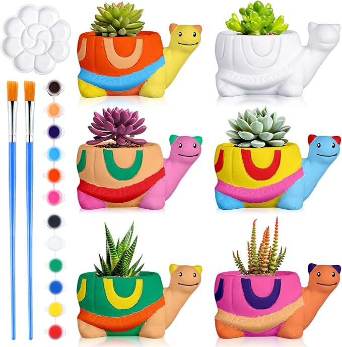 Pasimy 6 Set DIY Ceramic Succulent Planter Pots Paint Your Own Flower Pots Craft Kit Unpainted Bisque Paintable Flowerpot with Brush Palette Ready to Paint for Family Activity Gift(Turtle)
