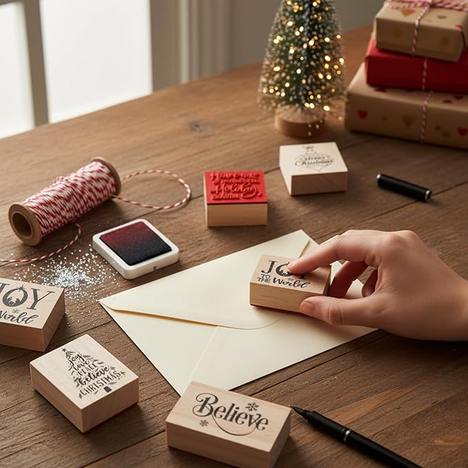 6 Pcs Christmas Rubber Stamp Set Merry Christmas Wooden Rubber Stamp Snow Tree Stamps Vintage Wooden Art Stamps for Crafting and DIY Scrapbooking Card Making Hand Book (Retro)